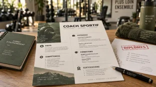 CV coach sportif avec rubriques de méthode sur table, salle de fitness floue