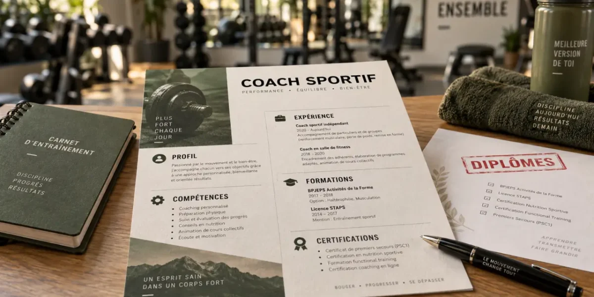 CV coach sportif avec rubriques de méthode sur table, salle de fitness floue