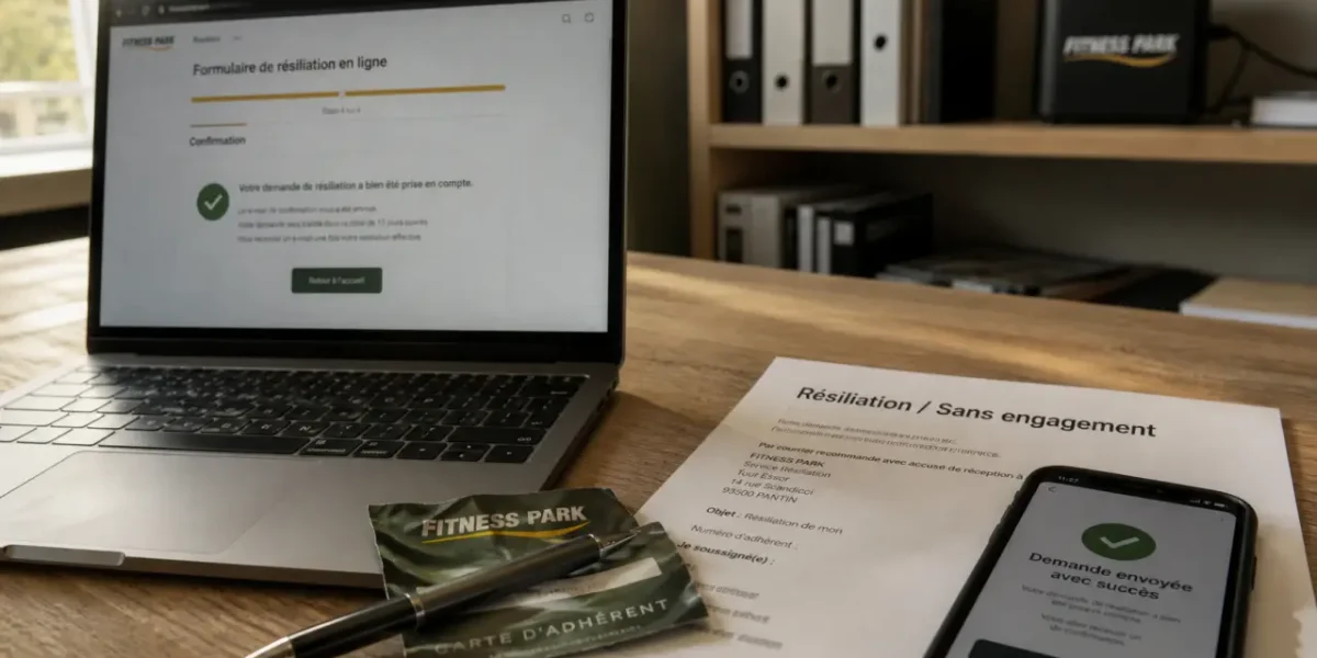 Fitness park desabonnement : document de résiliation sans engagement, ordinateur et confirmation
