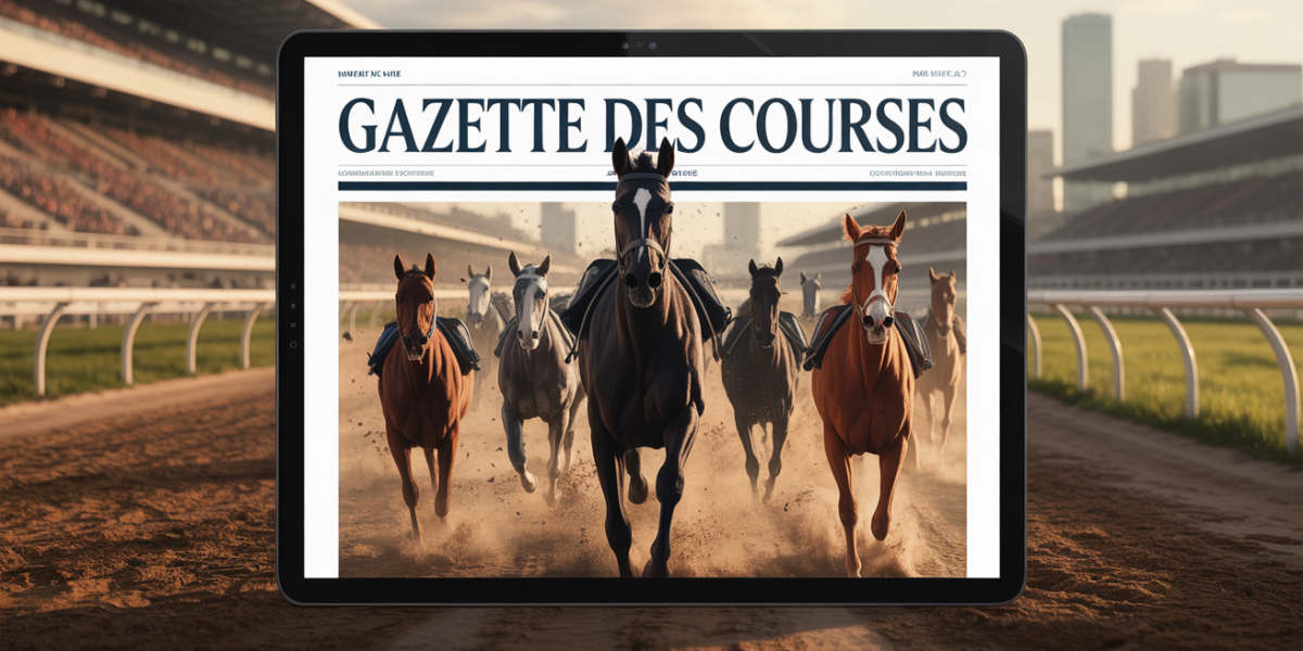 Gazette des Courses sur écran digital, ambiance hippique moderne