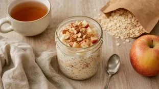 Idées de petit-déjeuner équilibré : overnight oats, yaourt grec, chia et pomme
