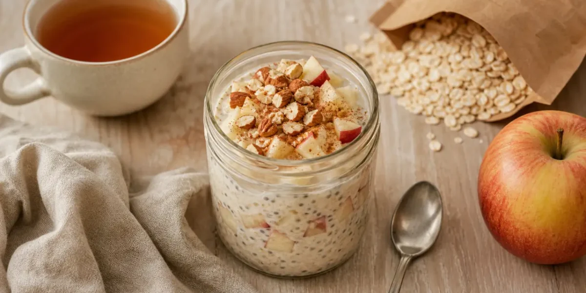 Idées de petit-déjeuner équilibré : overnight oats, yaourt grec, chia et pomme