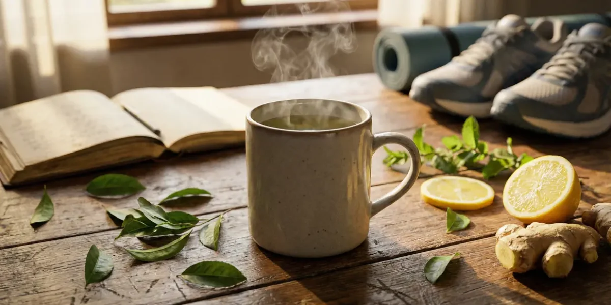 tasse infusion brûle-graisse maison sur table avec the vert citron gingembre menthe