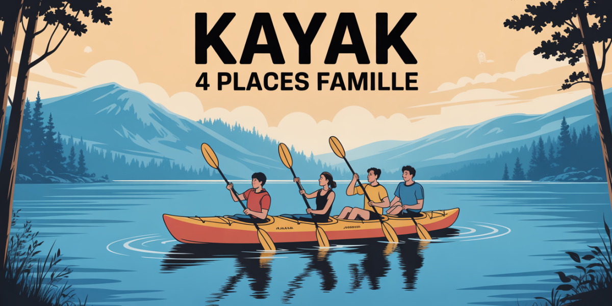 Famille en kayak 4 places sur lac bleu calme