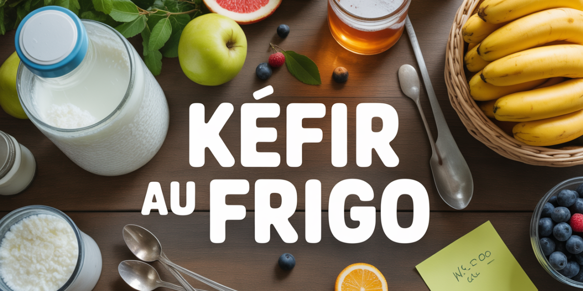 bocal kefir au frigo sur table bois avec fruits et eau sucrée