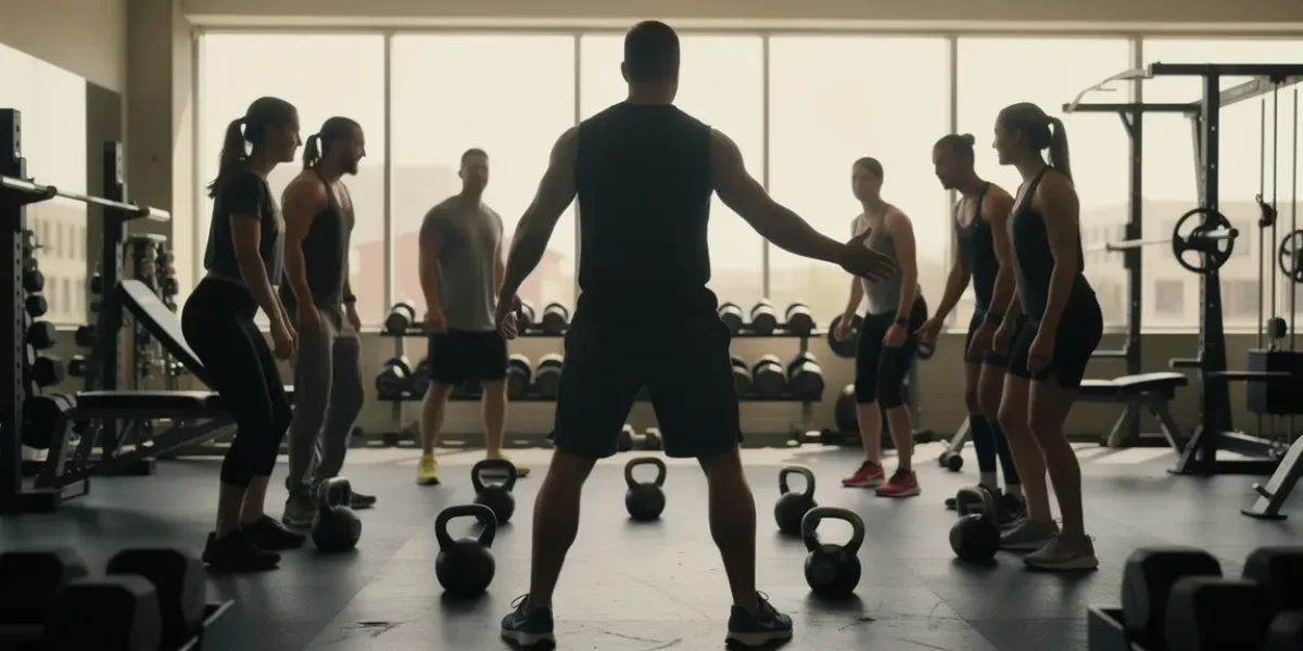 Coach guidant groupe pour kettlebell snatch en salle