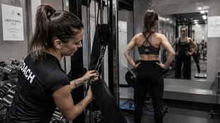 Lady Fitness Lyon, salle de sport 100% féminine à Valmy, coach ajuste un élastique de renforcement
