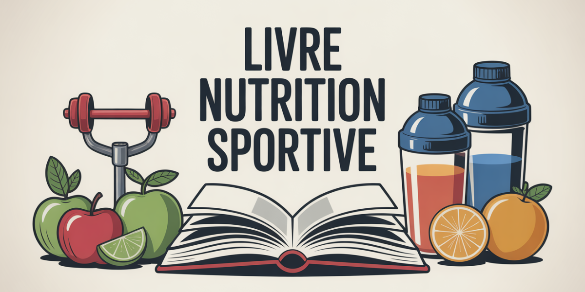 Livre sur la nutrition sportive avec haltères et fruits illustration