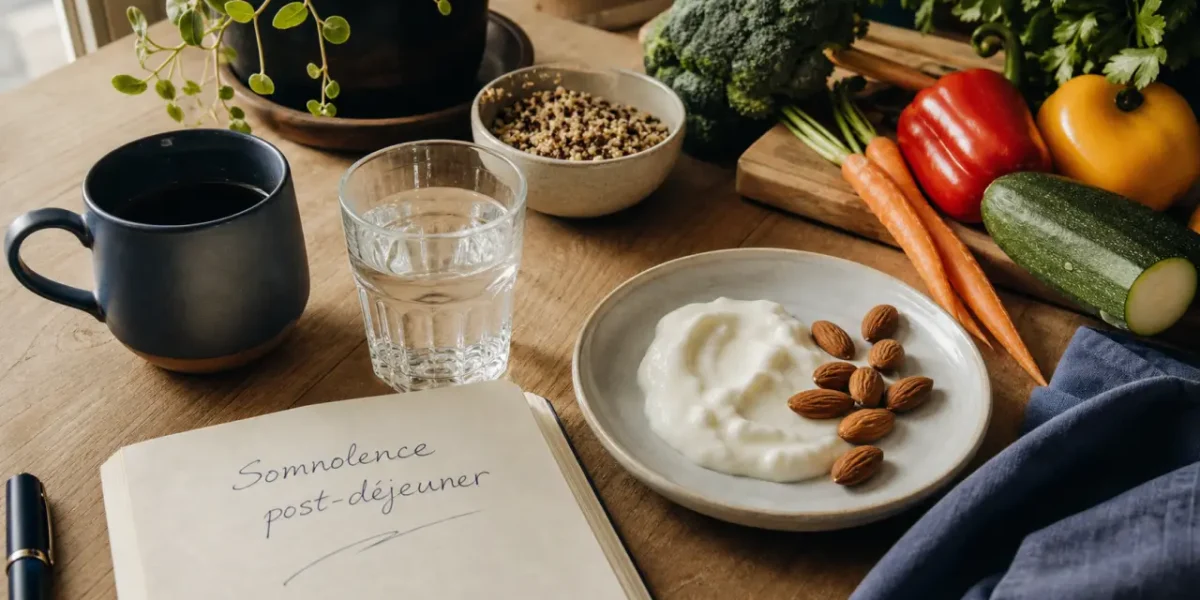 Lutter contre la fatigue de l'après-midi : tasse, yaourt, amandes, eau, sieste courte