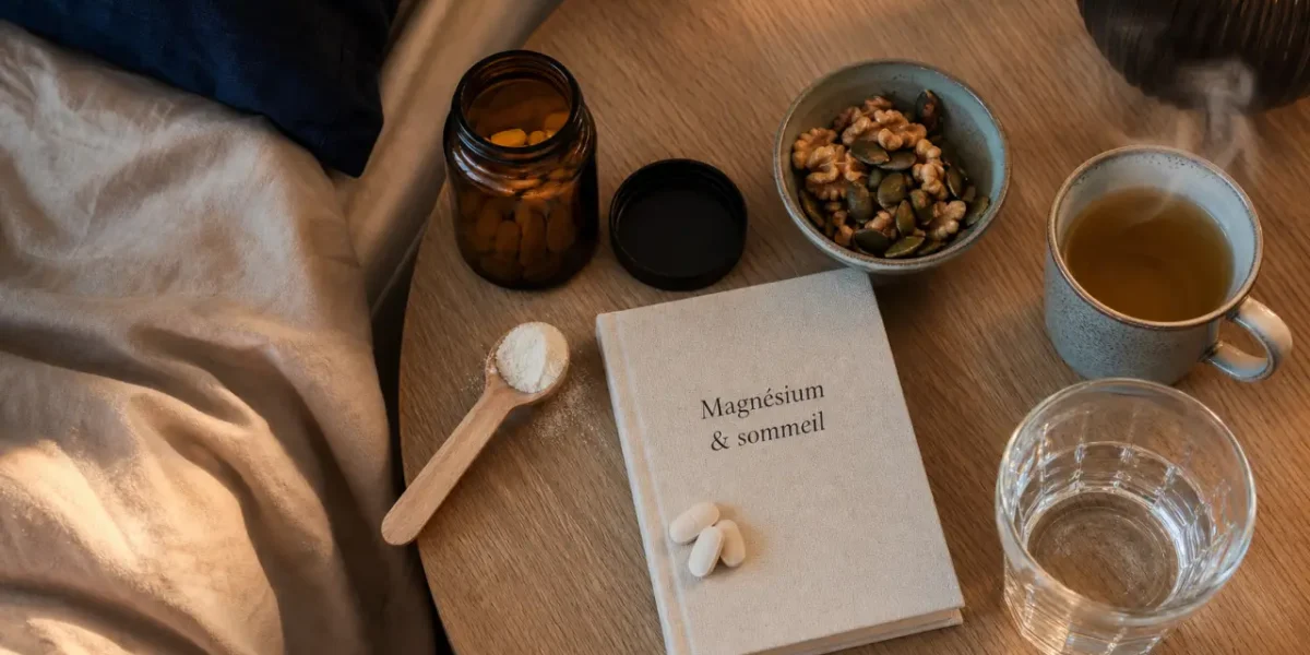 Magnésium et sommeil : flacon et tisane au soir