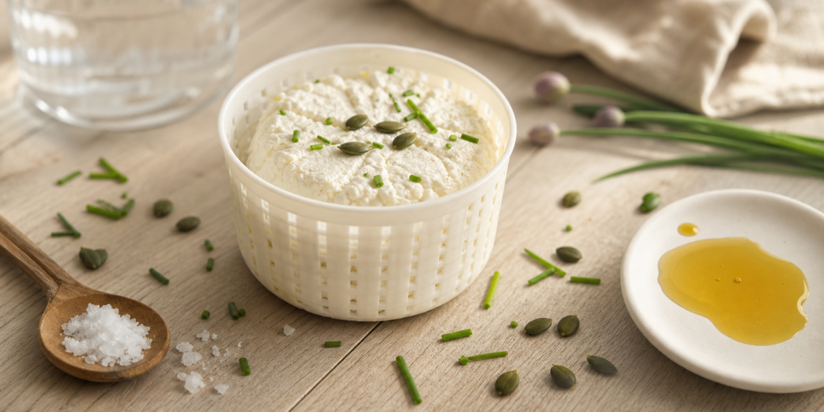 Manger de la faisselle le soir : bol de faisselle légère, ciboulette et huile de noix