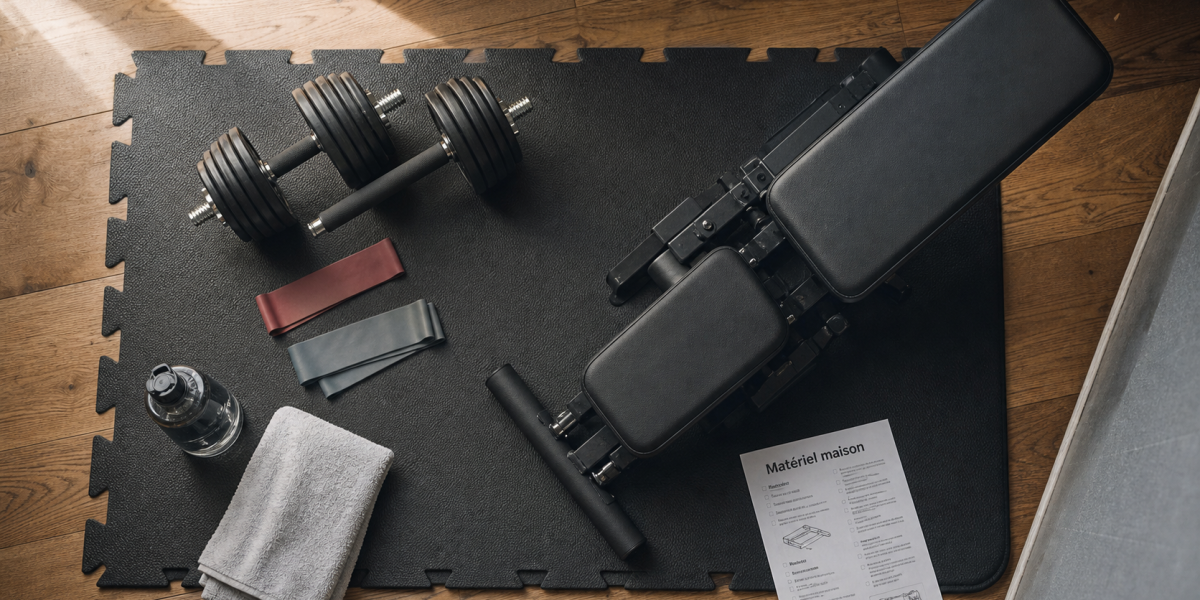 Materiel sport maison : haltères, bandes et banc pliable