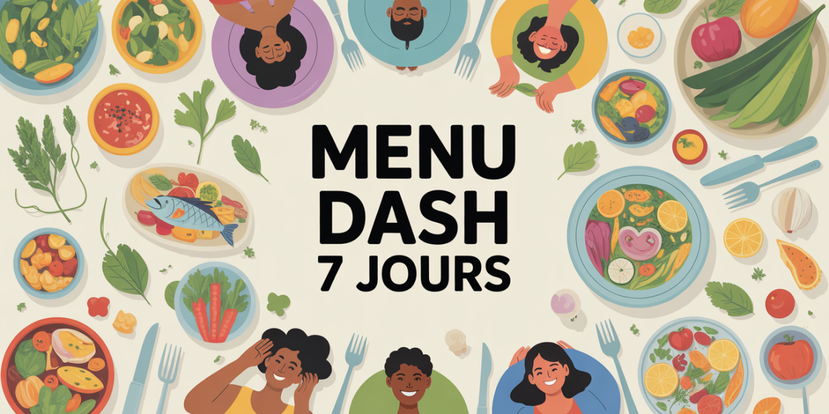 Menu DASH 7 jours grande assiette plats sains silhouettes illustration