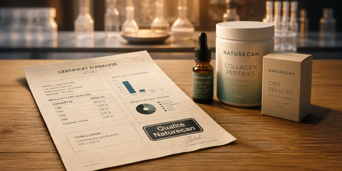 Naturecan avis : CBD et collagène premium, flacons et CoA sur table.