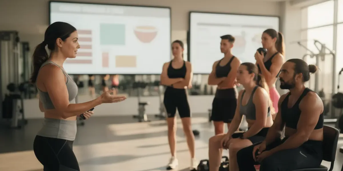 nutritionniste sportif donne conseils à des athlètes en salle