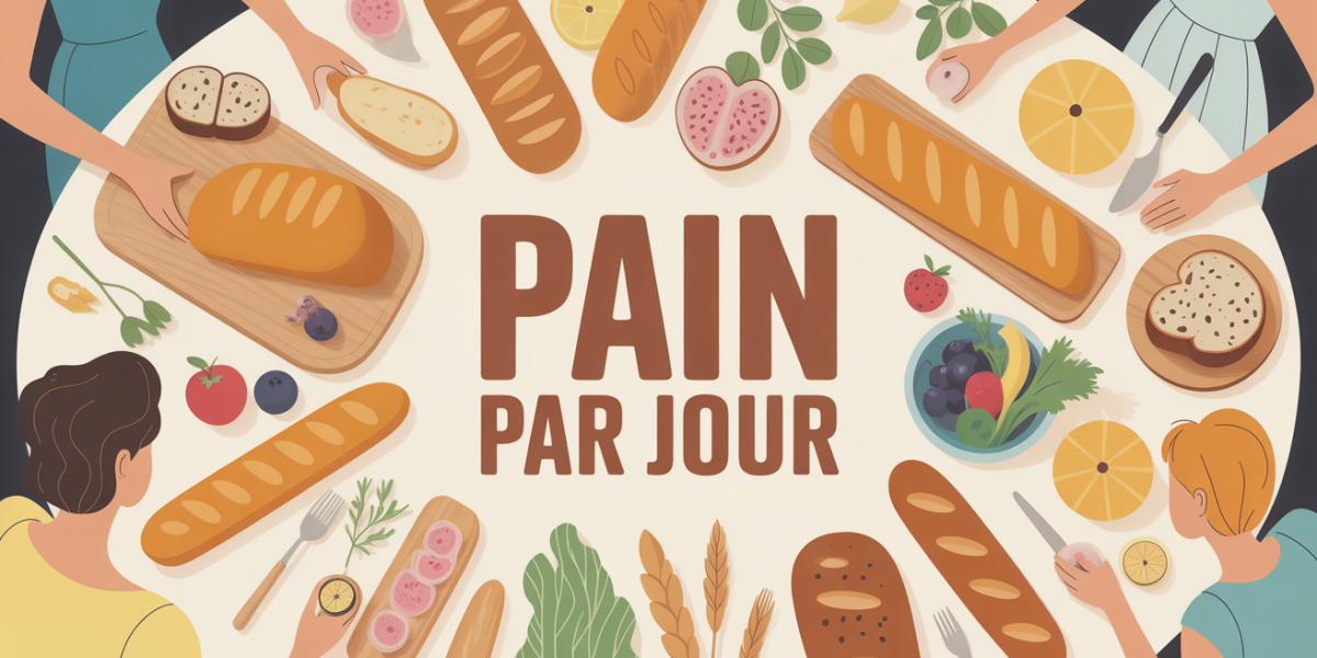 Variétés de pains sur table avec légumes et fruits, ambiance cuisine