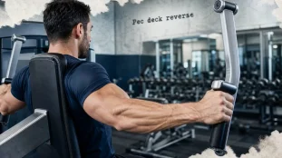 Pec deck reverse : pratiquant sur machine, poignées à hauteur d’épaules