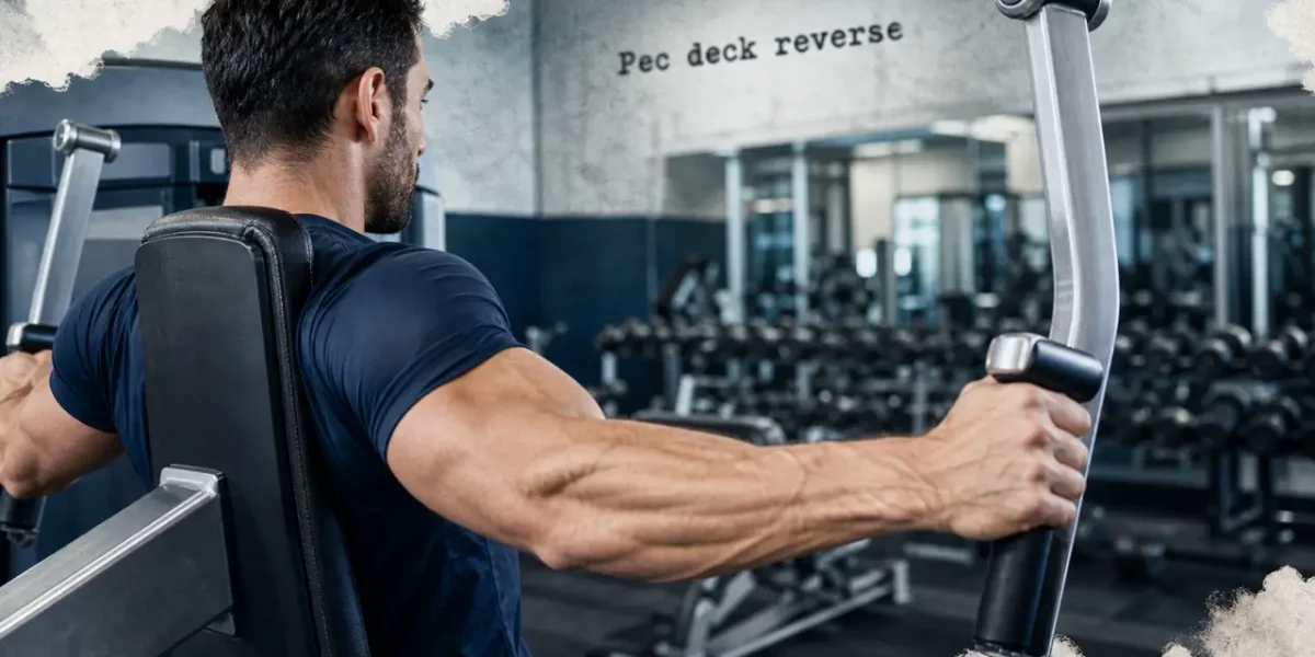Pec deck reverse : pratiquant sur machine, poignées à hauteur d’épaules