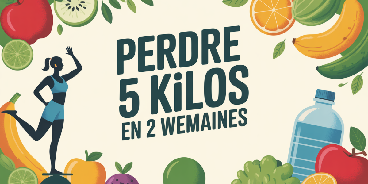 silhouette sur balance avec fruits legumes et texte perdre 5 kilos en 2 semaines