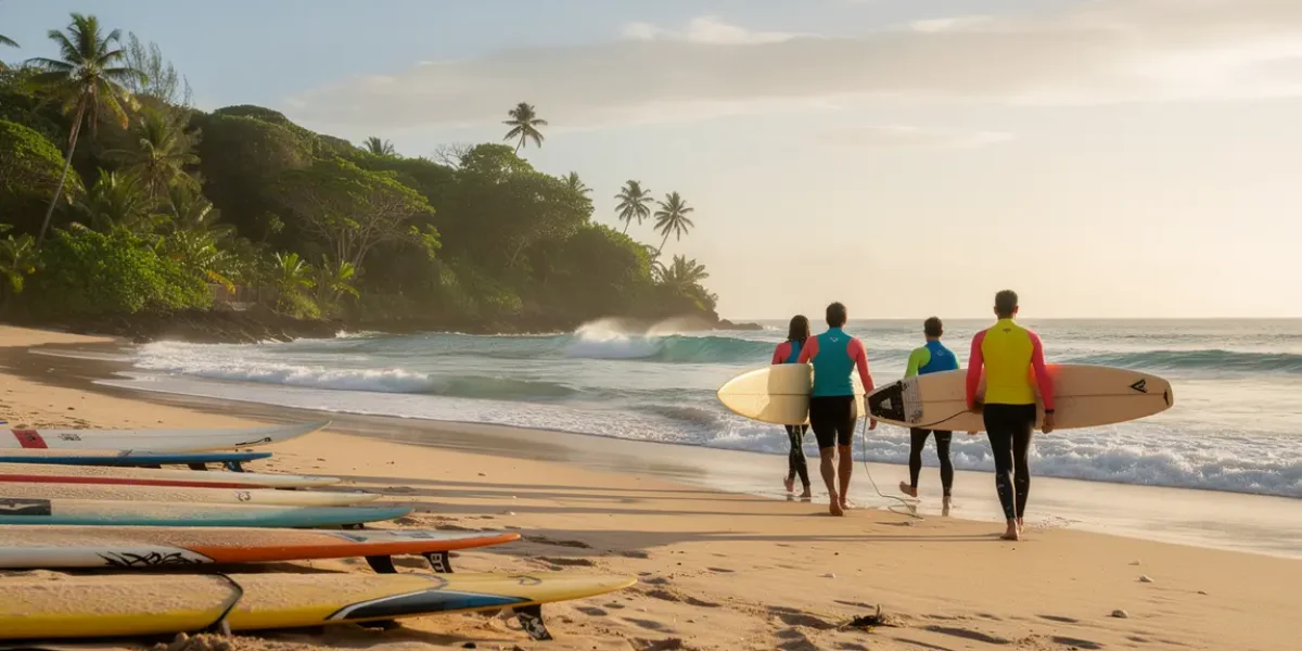 Surfeurs et vagues parfaites sur plage tropicale Guadeloupe
