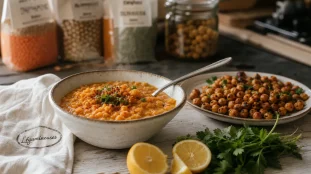 Pourquoi manger des légumineuses : lentilles et pois chiches sur table en bois
