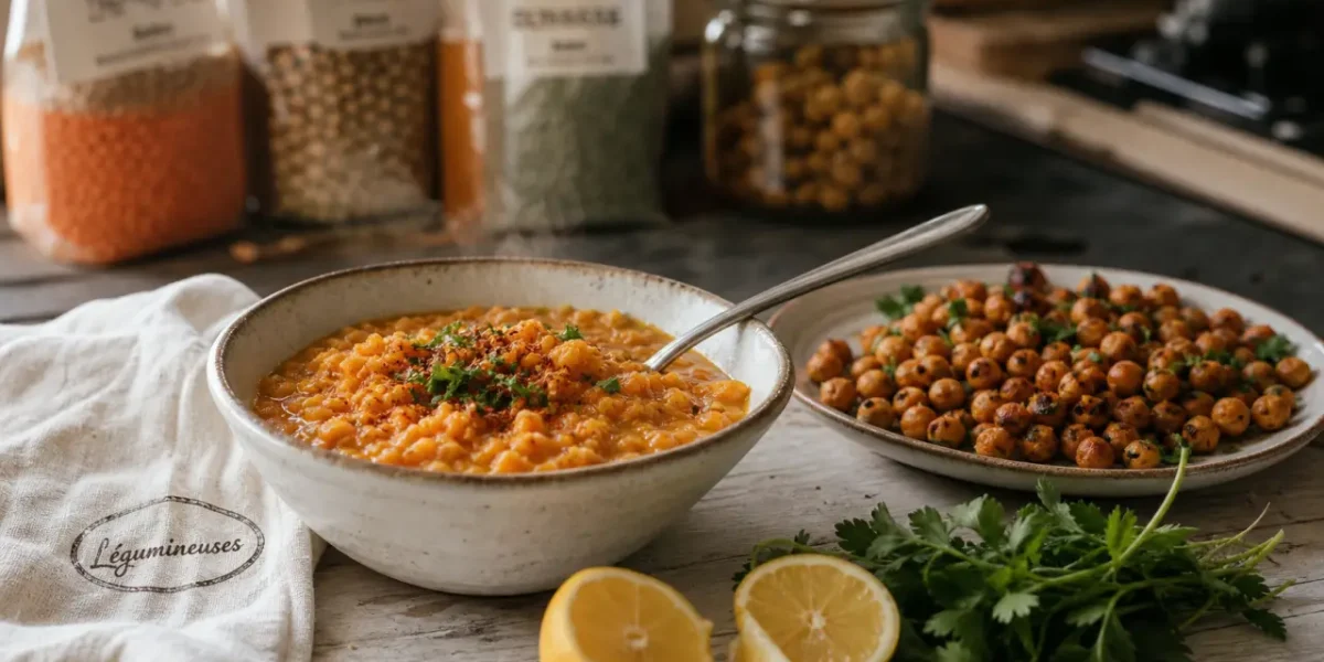 Pourquoi manger des légumineuses : lentilles et pois chiches sur table en bois