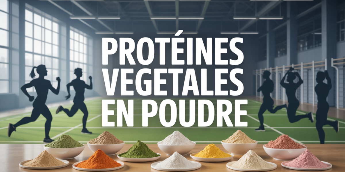 proteine en poudre vegetale sur table salle de sport silhouettes