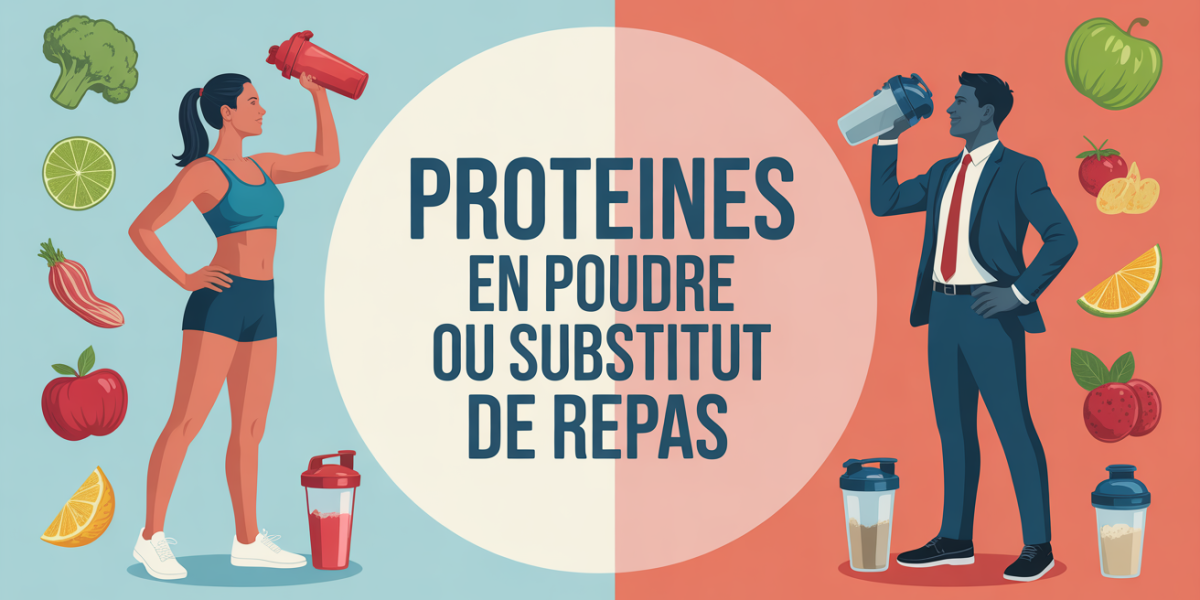 Illustration comparant protéines en poudre et substitut de repas, sportifs et professionnels avec shaker