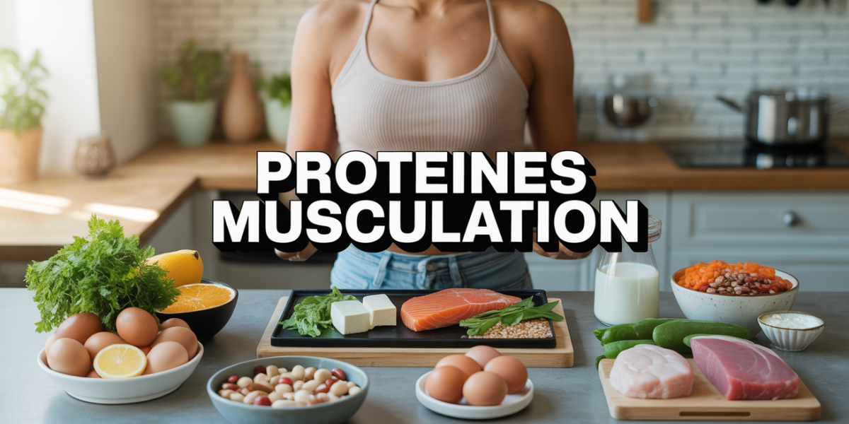 Aliments riches en proteines et haltere sur table de cuisine
