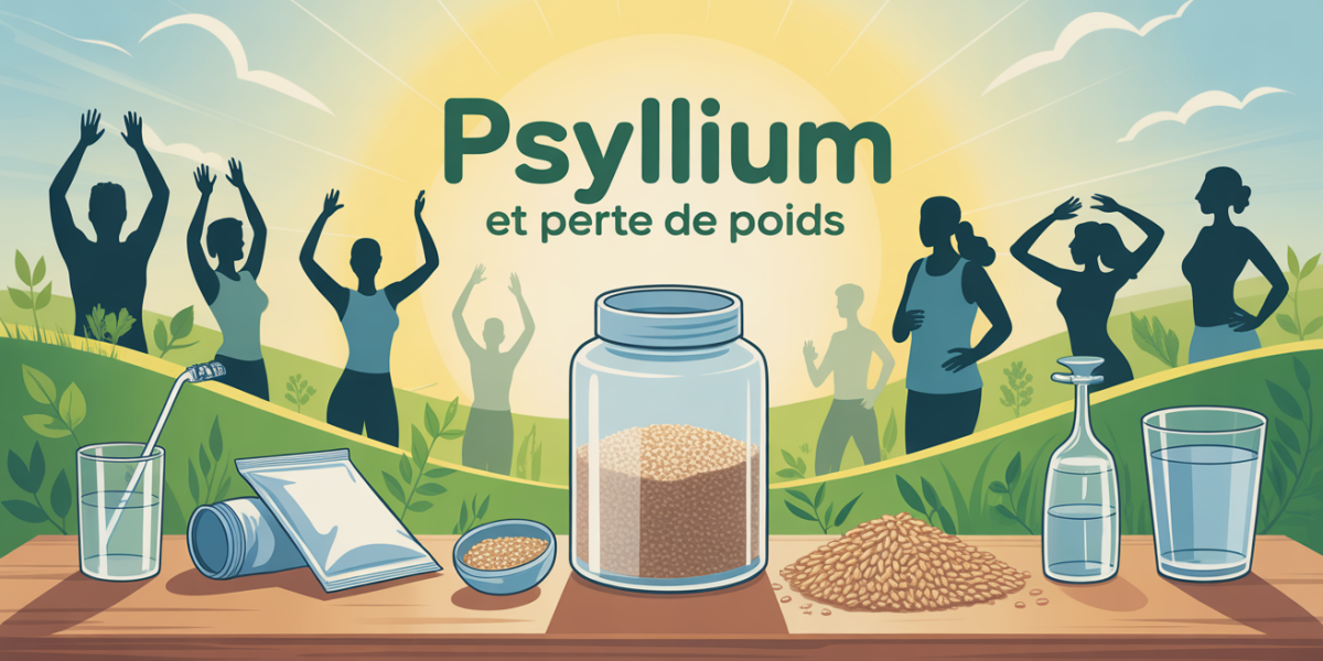 Table avec psyllium, graines et eau, silhouettes souriantes, texte psyllium et perte de poids