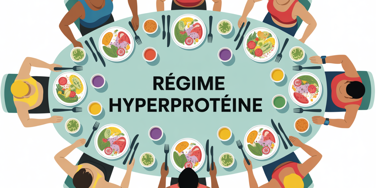 Table repas regime hyperproteine, personnes sportives, assiettes protéines, légumes, eau