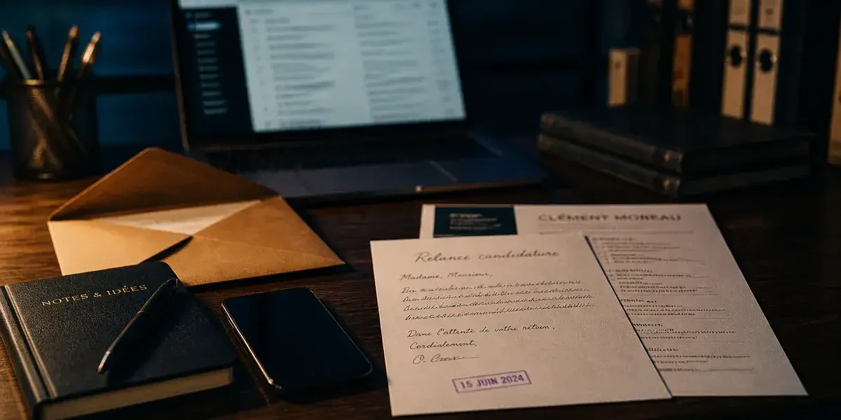 Relance mail candidature : carnet, CV et enveloppe kraft sur bureau