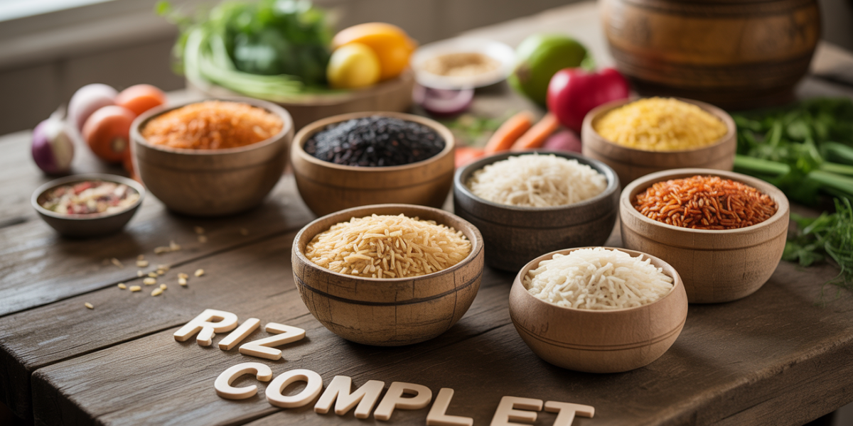 Différents riz complets santé dans bols en bois, ambiance naturelle