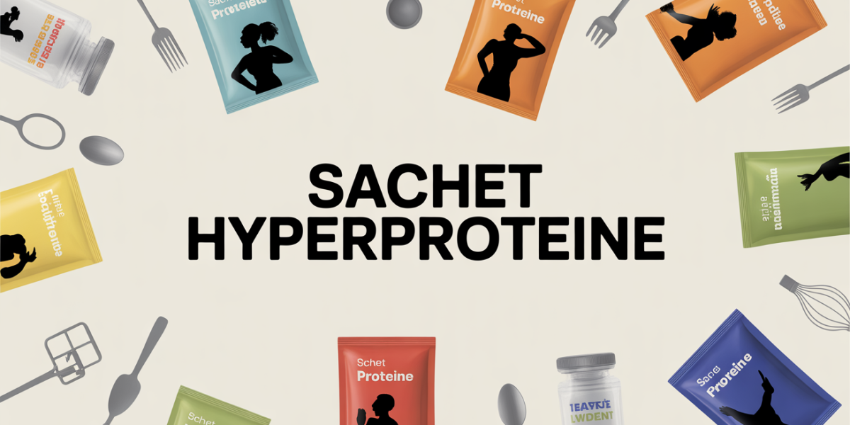 Assortiment sachets hyperprotéinés sur fond clair avec silhouettes actives