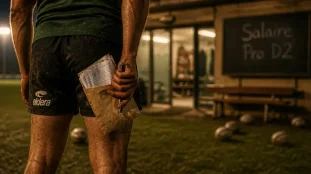 Salaire joueur de rugby pro d2 : enveloppe avec fiches de paie et stylo au vestiaire