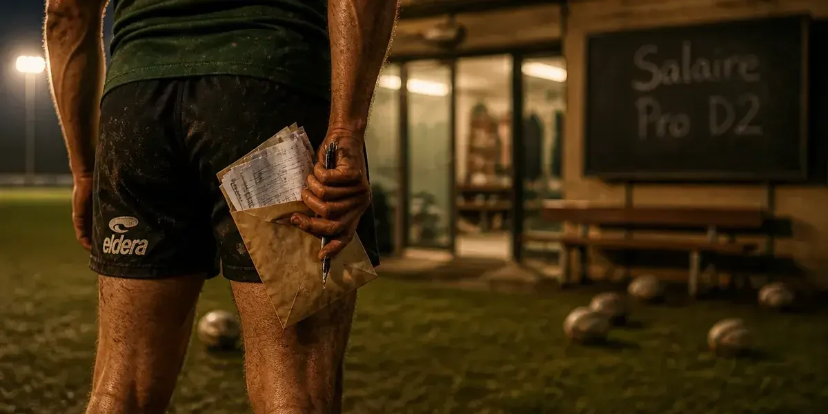 Salaire joueur de rugby pro d2 : enveloppe avec fiches de paie et stylo au vestiaire