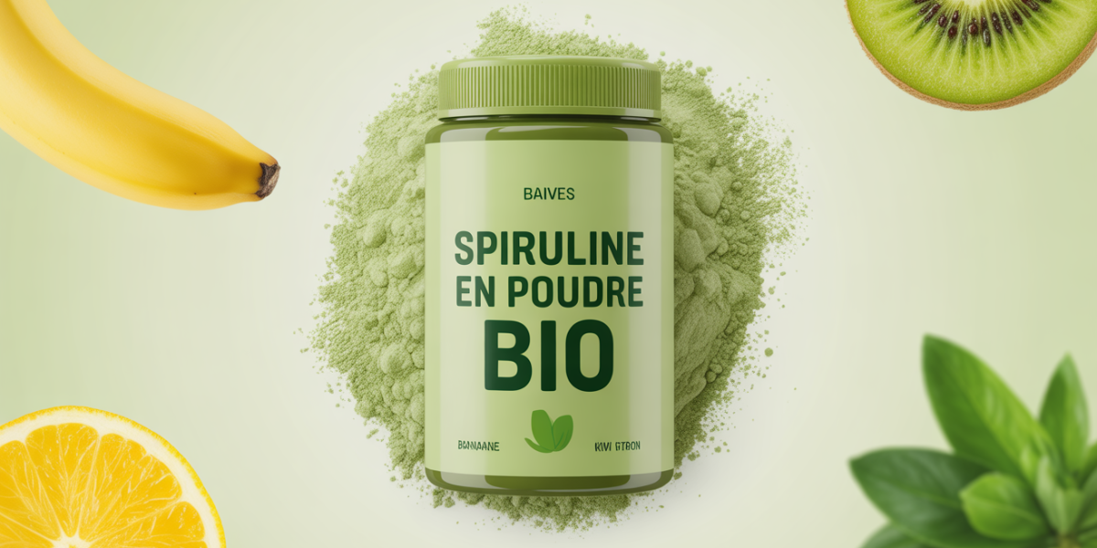 Spiruline en poudre bio cuillere avec aliments naturels