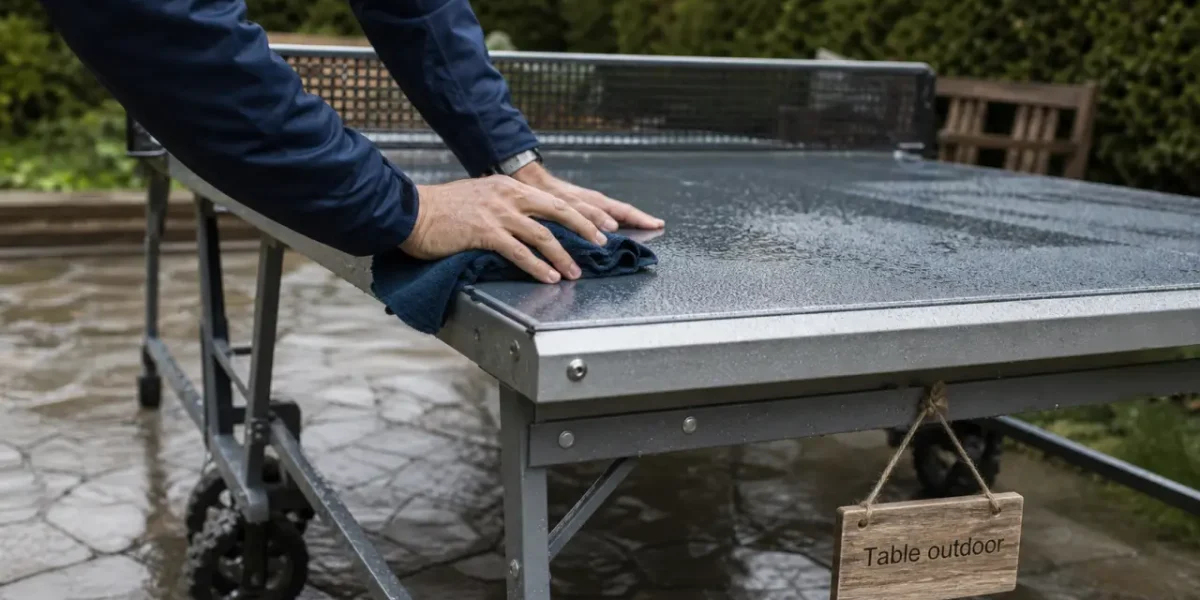 Table ping pong exterieur en résine et alu, filet intégré, roues tout-terrain, après la pluie