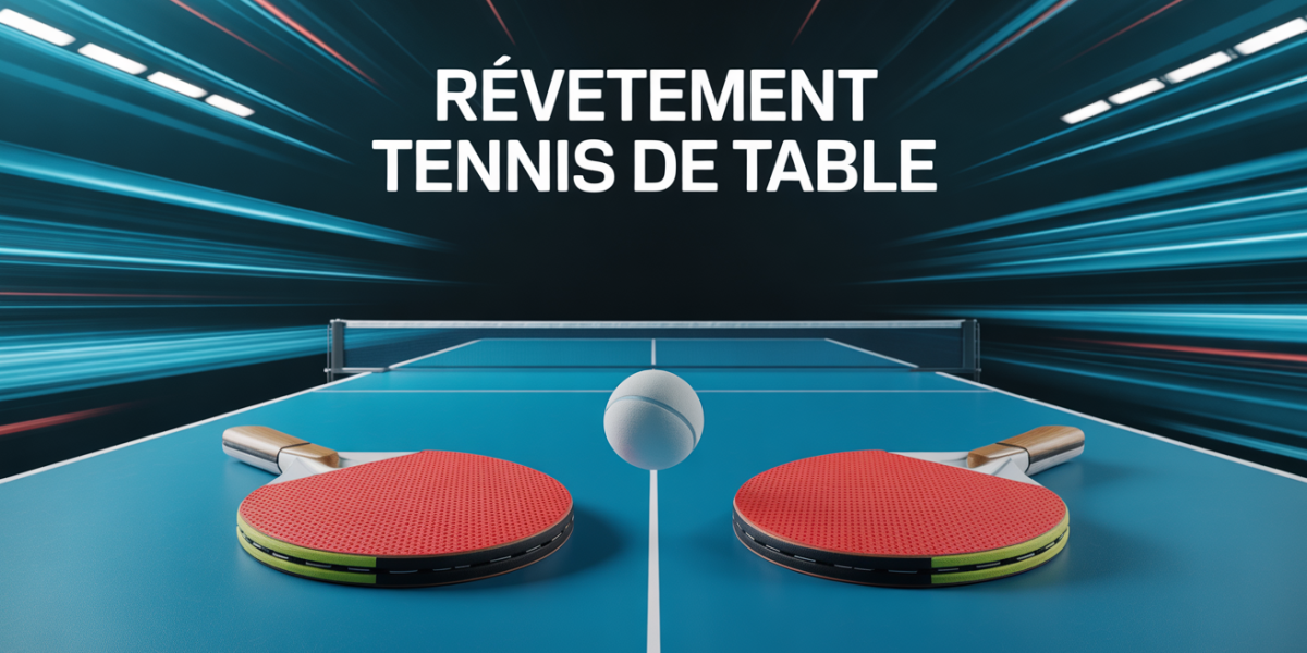 Tableau comparatif revêtement tennis de table, raquettes, balle, pictogrammes, ambiance compétition