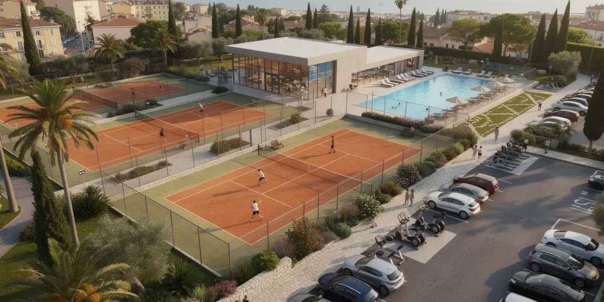 Vue aerienne club tennis padel Nice terrains et piscine
