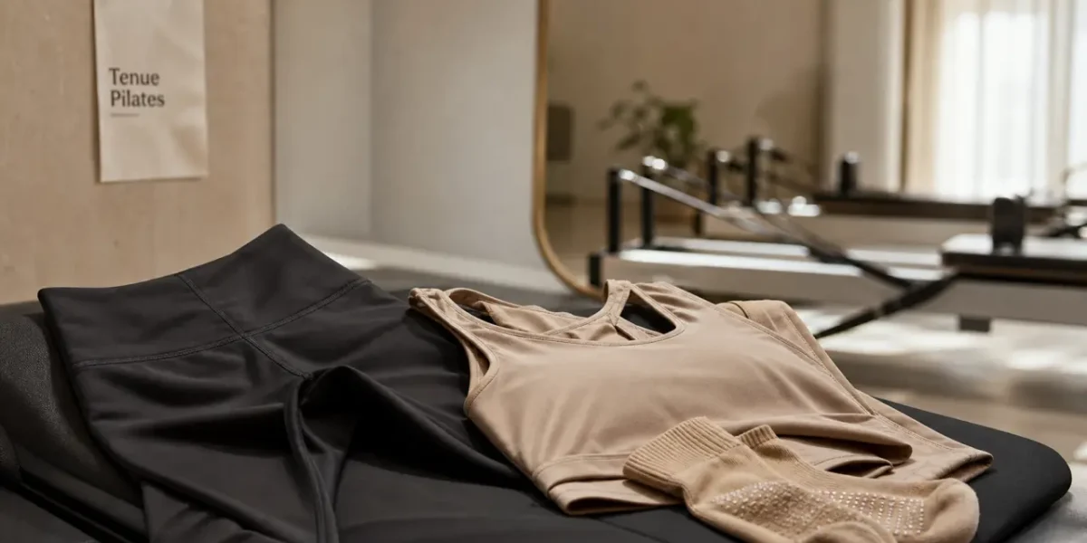Tenue pour pilates : legging, brassière et chaussettes antidérapantes sur tapis
