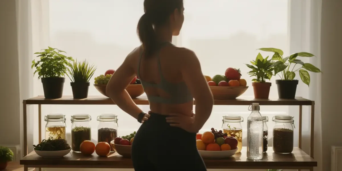 silhouette sportive devant aliments plantes et eau pour ventre plat