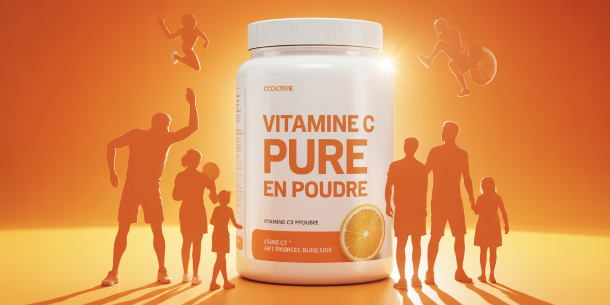 Boîte vitamine C pure en poudre entourée de sportifs, famille et seniors